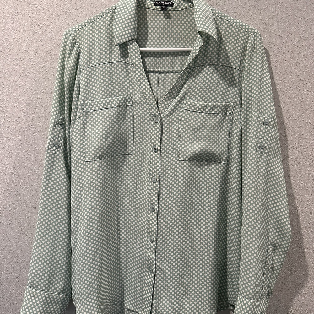 Express button down long sleeve qtr sleeve polka dot blouse